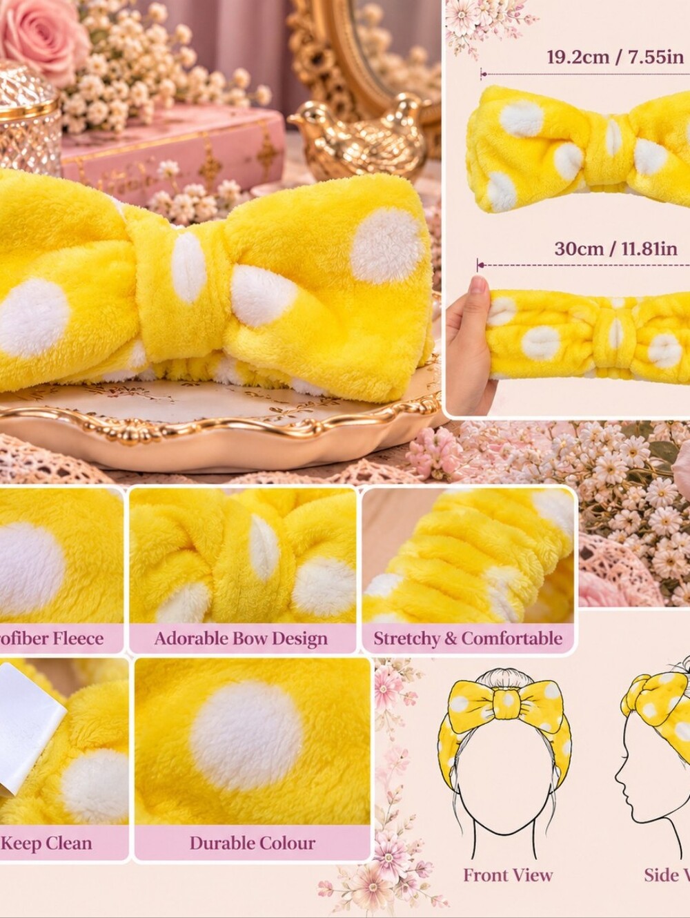 Yellow & White Polka Dot Plush Bow Spa Headband | Soft Stretch Hairband